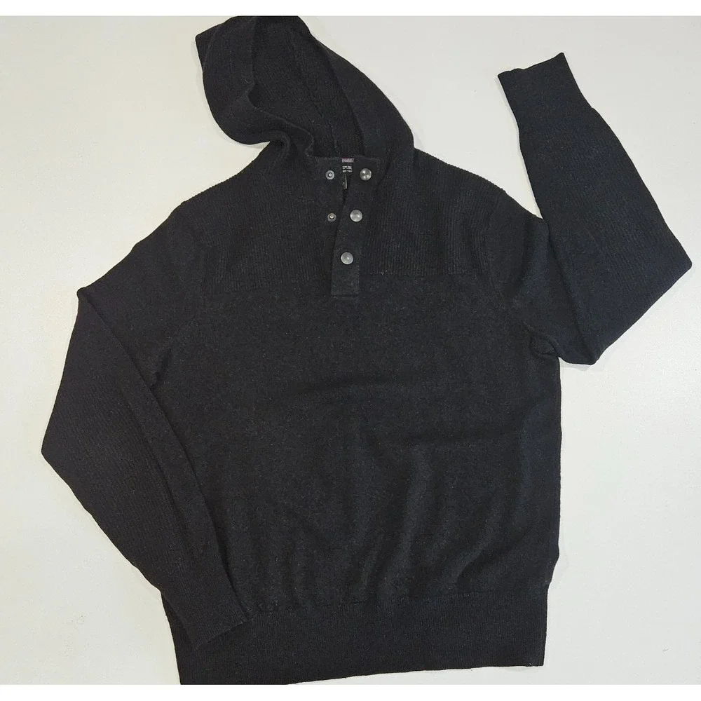 Banana Republic Mens S Merino Wool Heavy Knit Pullover Hoodie Snap Neck Sweater